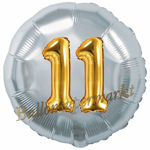 Folienballon-Rund-Jumbo-3D-11.-Geburtstag-Silber-Gold-Zahl-11-Luftballon-Geschenk