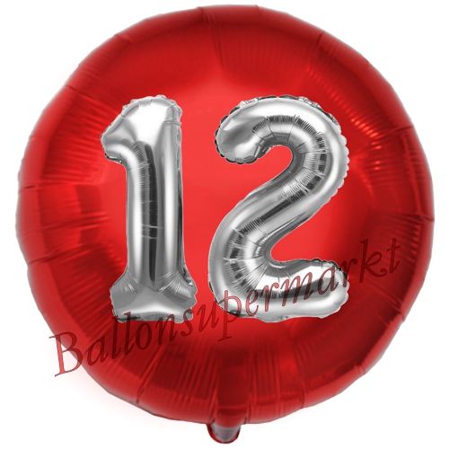Folienballon-Rund-Jumbo-3D-12.-Geburtstag-Rot-Silber-Zahl-12-Luftballon-Geschenk