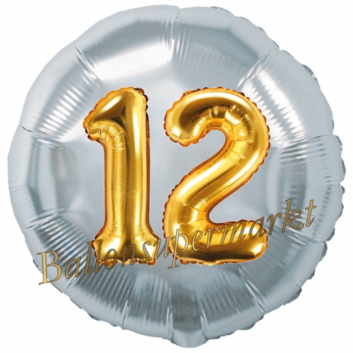 Folienballon-Rund-Jumbo-3D-12.-Geburtstag-Silber-Gold-Zahl-12-Luftballon-Geschenk