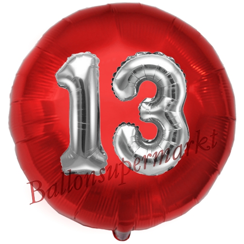 Folienballon-Rund-Jumbo-3D-13.-Geburtstag-Rot-Silber-Zahl-13-Luftballon-Geschenk