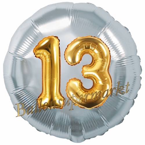 Folienballon-Rund-Jumbo-3D-13.-Geburtstag-Silber-Gold-Zahl-13-Luftballon-Geschenk