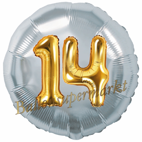 Folienballon-Rund-Jumbo-3D-14.-Geburtstag-Silber-Gold-Zahl-14-Luftballon-Geschenk.