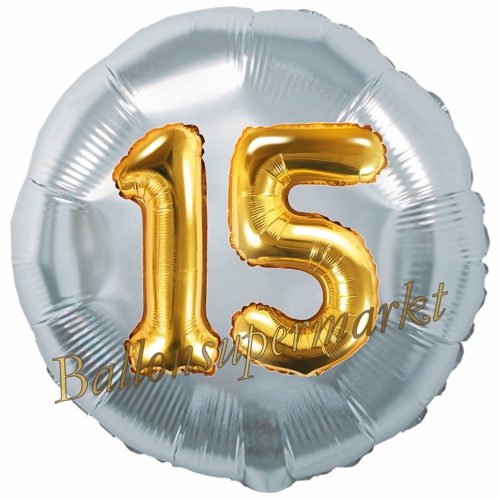 Folienballon-Rund-Jumbo-3D-15.-Geburtstag-Silber-Gold-Zahl-15-Luftballon-Geschenk