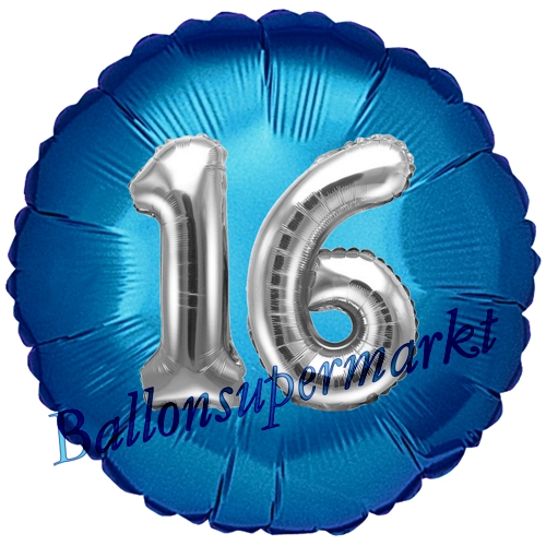 Folienballon-Rund-Jumbo-3D-16.-Geburtstag-Blau-Silber-Zahl-16-Luftballon-Geschenk