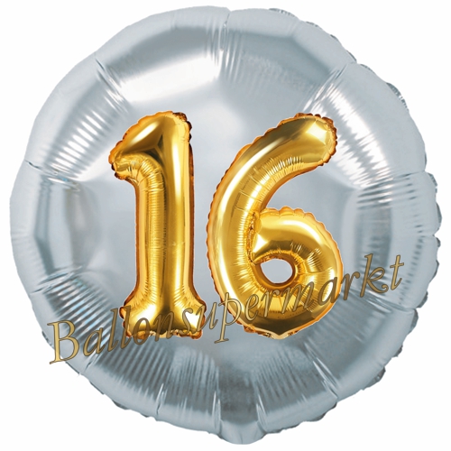 Folienballon-Rund-Jumbo-3D-16.-Geburtstag-Silber-Gold-Zahl-16-Luftballon-Geschenk