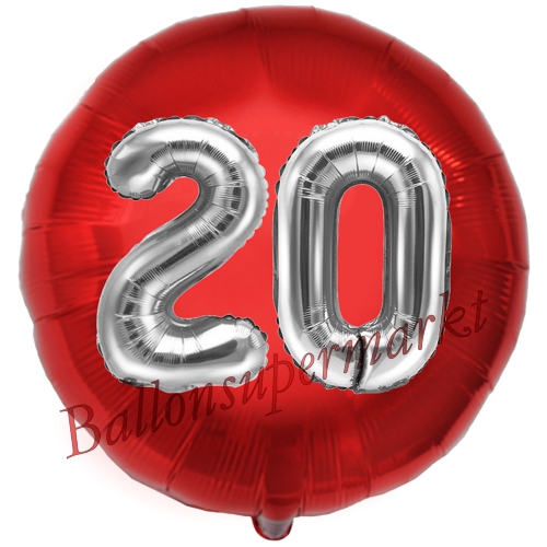Folienballon-Rund-Jumbo-3D-20.-Geburtstag-Rot-Silber-Zahl-20-Luftballon-Geschenk