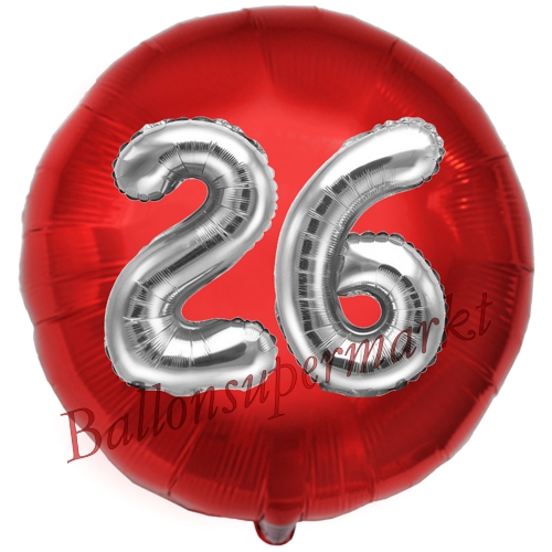Folienballon-Rund-Jumbo-3D-26.-Geburtstag-Rot-Silber-Zahl-26-Luftballon-Geschenk