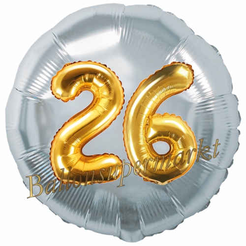 Folienballon-Rund-Jumbo-3D-26.-Geburtstag-Silber-Gold-Zahl-26-Luftballon-Geschenk