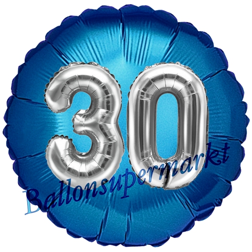 Folienballon-Rund-Jumbo-3D-30.-Geburtstag-Blau-Silber-Zahl-30-Luftballon-Geschenk