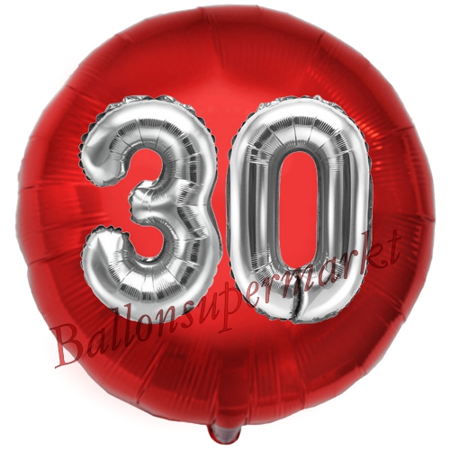 Folienballon-Rund-Jumbo-3D-30.-Geburtstag-Rot-Silber-Zahl-30-Luftballon-Geschenk