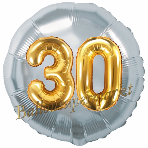 Folienballon-Rund-Jumbo-3D-30.-Geburtstag-Silber-Gold-Zahl-30-Luftballon-Geschenk