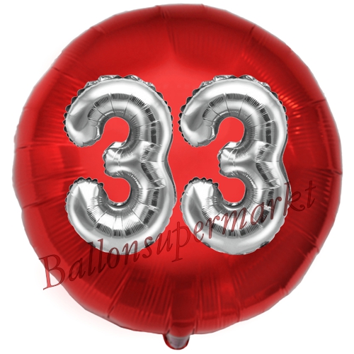 Folienballon-Rund-Jumbo-3D-33.-Geburtstag-Rot-Silber-Zahl-33-Luftballon-Geschenk