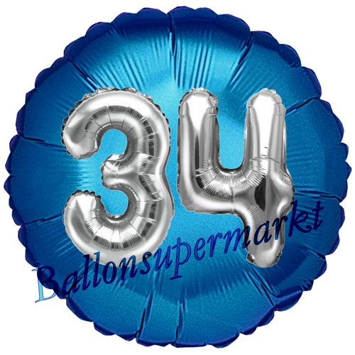 Folienballon-Rund-Jumbo-3D-34.-Geburtstag-Blau-Silber-Zahl-34-Luftballon-Geschenk