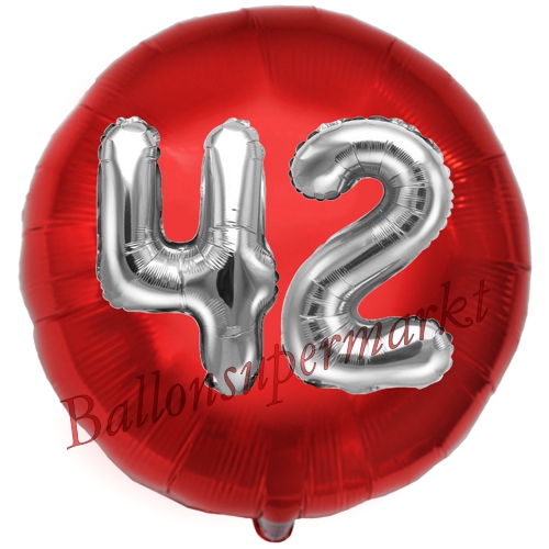 Folienballon-Rund-Jumbo-3D-42.-Geburtstag-Rot-Silber-Zahl-42-Luftballon-Geschenk