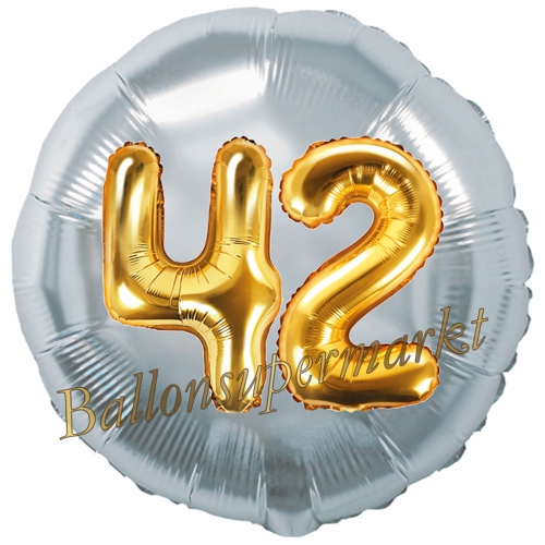 Folienballon-Rund-Jumbo-3D-42.-Geburtstag-Silber-Gold-Zahl-42-Luftballon-Geschenk