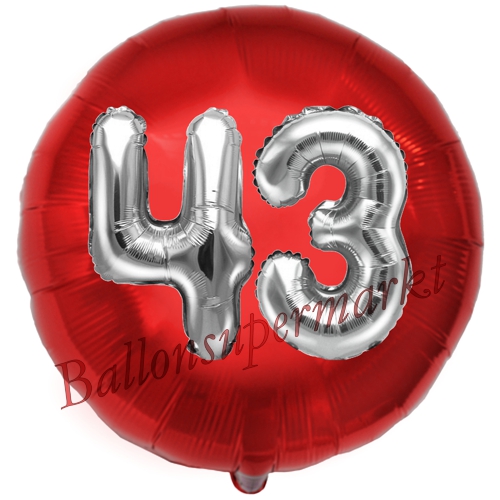 Folienballon-Rund-Jumbo-3D-43.-Geburtstag-Rot-Silber-Zahl-43-Luftballon-Geschenk