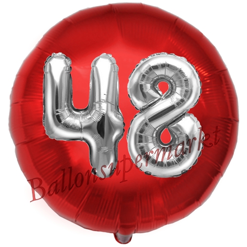 Folienballon-Rund-Jumbo-3D-48.-Geburtstag-Rot-Silber-Zahl-48-Luftballon-Geschenk
