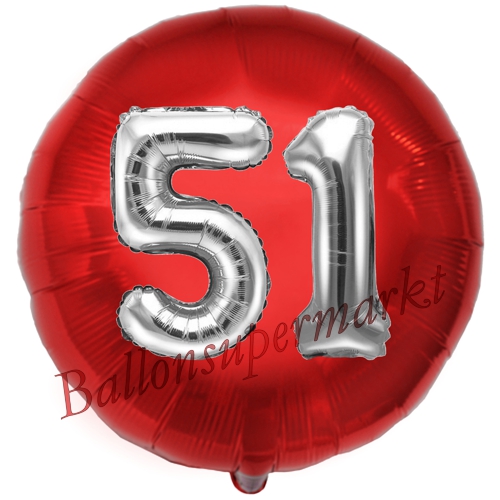 Folienballon-Rund-Jumbo-3D-51.-Geburtstag-Rot-Silber-Zahl-51-Luftballon-Geschenk