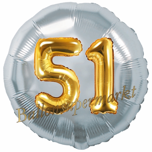 Folienballon-Rund-Jumbo-3D-51.-Geburtstag-Silber-Gold-Zahl-51-Luftballon-Geschenk