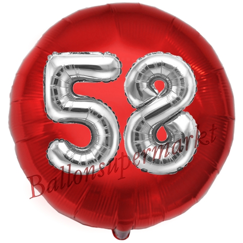 Folienballon-Rund-Jumbo-3D-58.-Geburtstag-Rot-Silber-Zahl-58-Luftballon-Geschenk