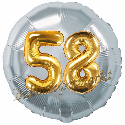 Folienballon-Rund-Jumbo-3D-58.-Geburtstag-Silber-Gold-Zahl-58-Luftballon-Geschenk