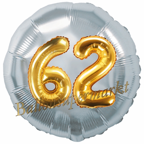 Folienballon-Rund-Jumbo-3D-62.-Geburtstag-Silber-Gold-Zahl-62-Luftballon-Geschenk