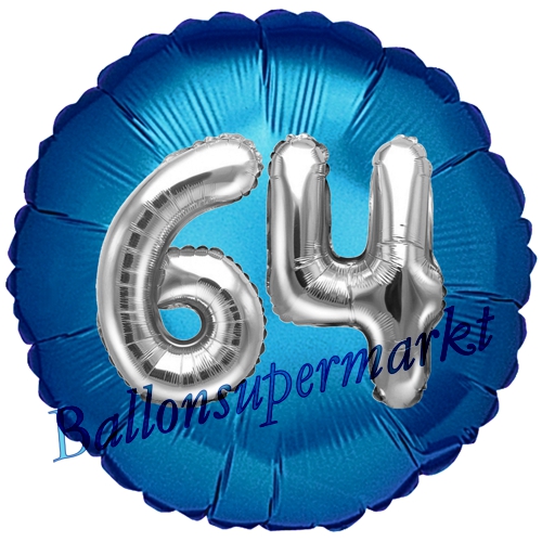 Folienballon-Rund-Jumbo-3D-64.-Geburtstag-Blau-Silber-Zahl-64-Luftballon-Geschenk
