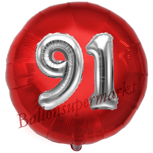 Folienballon-Rund-Jumbo-3D-91.-Geburtstag-Rot-Silber-Zahl-91-Luftballon-Geschenk