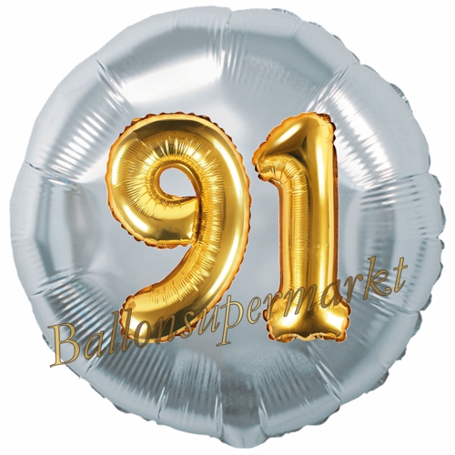 Folienballon-Rund-Jumbo-3D-91.-Geburtstag-Silber-Gold-Zahl-91-Luftballon-Geschenk