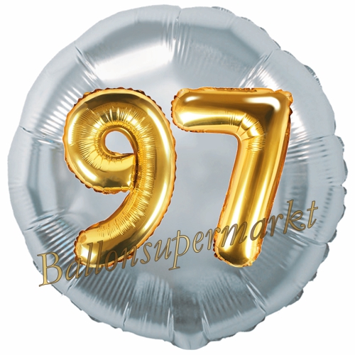 Folienballon-Rund-Jumbo-3D-97.-Geburtstag-Silber-Gold-Zahl-97-Luftballon-Geschenk