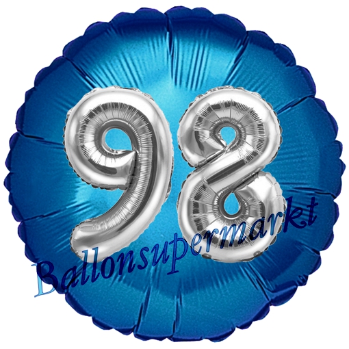 Folienballon-Rund-Jumbo-3D-98.-Geburtstag-Blau-Silber-Zahl-98-Luftballon-Geschenk