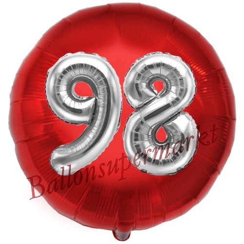 Folienballon-Rund-Jumbo-3D-98.-Geburtstag-Rot-Silber-Zahl-98-Luftballon-Geschenk