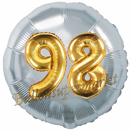 Folienballon-Rund-Jumbo-3D-98.-Geburtstag-Silber-Gold-Zahl-98-Luftballon-Geschenk