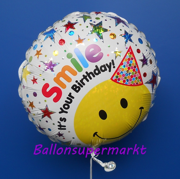 Folienballon-Smile-its-Your-Birthday-Smiley-mit-Hut-holografischer-Luftballon