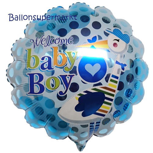 Folienballon-Welcome-Baby-Boy-Storch-Luftballon-zur-Geburt-Babyparty-Taufe-Junge
