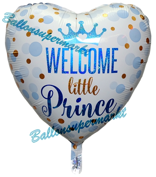Folienballon-Welcome-Little-Prince-Herz-holografisch-Luftballon-zur-Geburt-Babyparty-Taufe-Junge-Krone