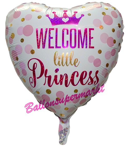 Folienballon-Welcome-Little-Princess-Herz-holografisch-Luftballon-zur-Geburt-Babyparty-Taufe-Maedchen-Krone