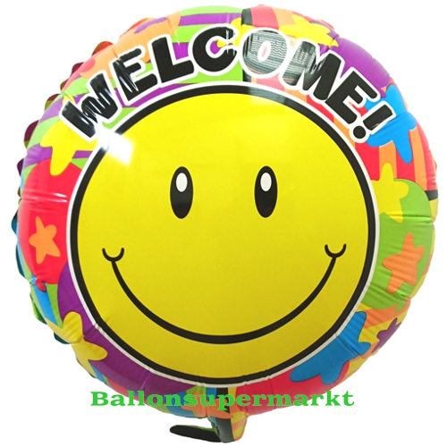 Folienballon-Welcome-Smiley-Stern-Emoji-Luftballon-Geschenk-Willkommen