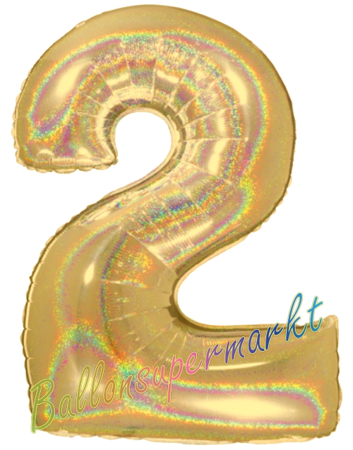 Folienballon-Zahl-2-Gold-Holografisch-Luftballon-Geschenk-Geburtstag-Jubilaeum-Firmenveranstaltung