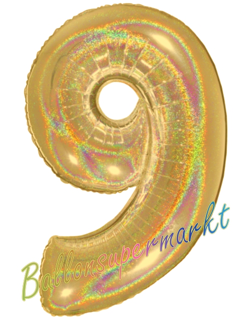 Folienballon-Zahl-9-Gold-Holografisch-Luftballon-Geschenk-Geburtstag-Jubilaeum-Firmenveranstaltung