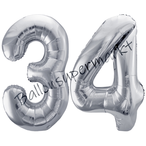 Folienballons-86cm-Zahlen-34-Silber-Luftballon-Geschenk-Geburtstag-Jubilaeum-Firmenveranstaltung