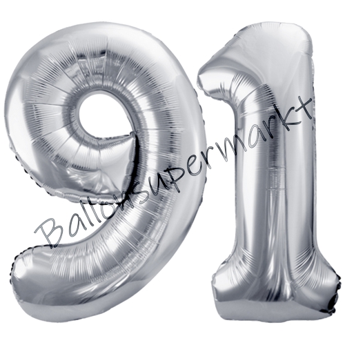 Folienballons-86cm-Zahlen-91-Silber-Luftballon-Geschenk-Geburtstag-Jubilaeum-Firmenveranstaltung