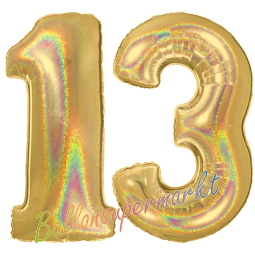 Folienballons-Zahlen-13-holografisch-Gold-Luftballons-Geschenk-13.-Geburtstag-Jubilaeum-Firmenveranstaltung