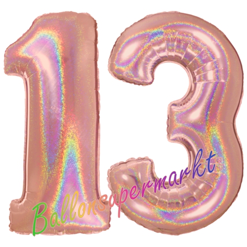 Folienballons-Zahlen-13-holografisch-Rosegold-Luftballons-Geschenk-13.-Geburtstag-Jubilaeum-Firmenveranstaltung