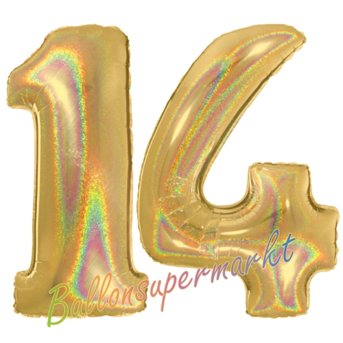 Folienballons-Zahlen-14-holografisch-Gold-Luftballons-Geschenk-14.-Geburtstag-Jubilaeum-Firmenveranstaltung