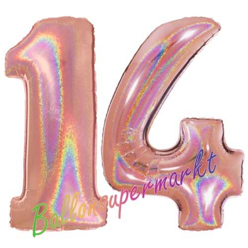 Folienballons-Zahlen-14-holografisch-Rosegold-Luftballons-Geschenk-14.-Geburtstag-Jubilaeum-Firmenveranstaltung