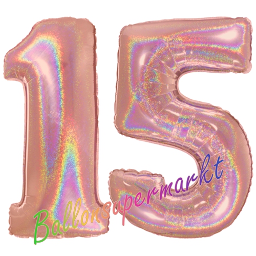 Folienballons-Zahlen-15-holografisch-Rosegold-Luftballons-Geschenk-15.-Geburtstag-Jubilaeum-Firmenveranstaltung
