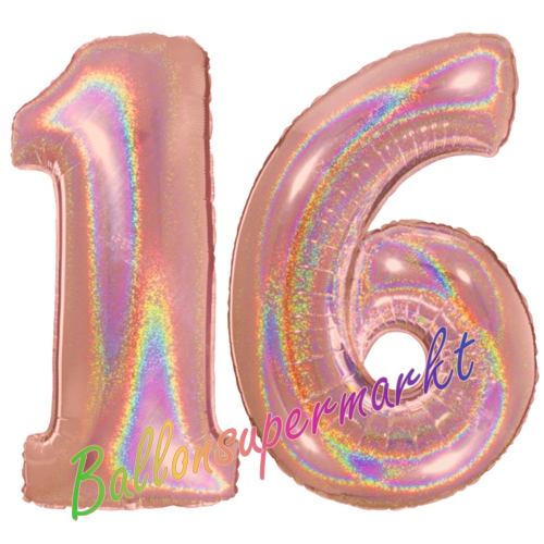 Folienballons-Zahlen-16-holografisch-Rosegold-Luftballons-Geschenk-16.-Geburtstag-Jubilaeum-Firmenveranstaltung