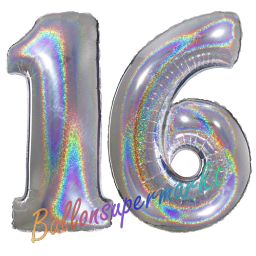 Folienballons-Zahlen-16-holografisch-Silber-Luftballons-Geschenk-16.-Geburtstag-Jubilaeum-Firmenveranstaltung