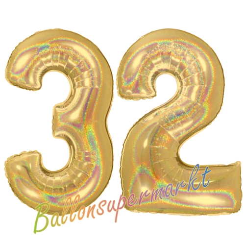 Folienballons-Zahlen-32-holografisch-Gold-Luftballons-Geschenk-32.-Geburtstag-Jubilaeum-Firmenveranstaltung